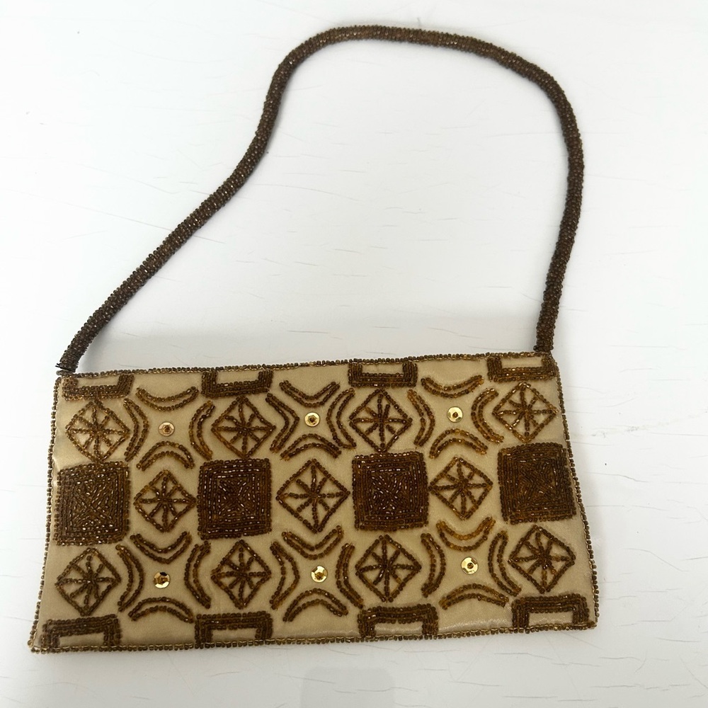 Unique Vintage Beaded Clutch Purse Tan Gold Geometric Evening Bag Strap Zipper